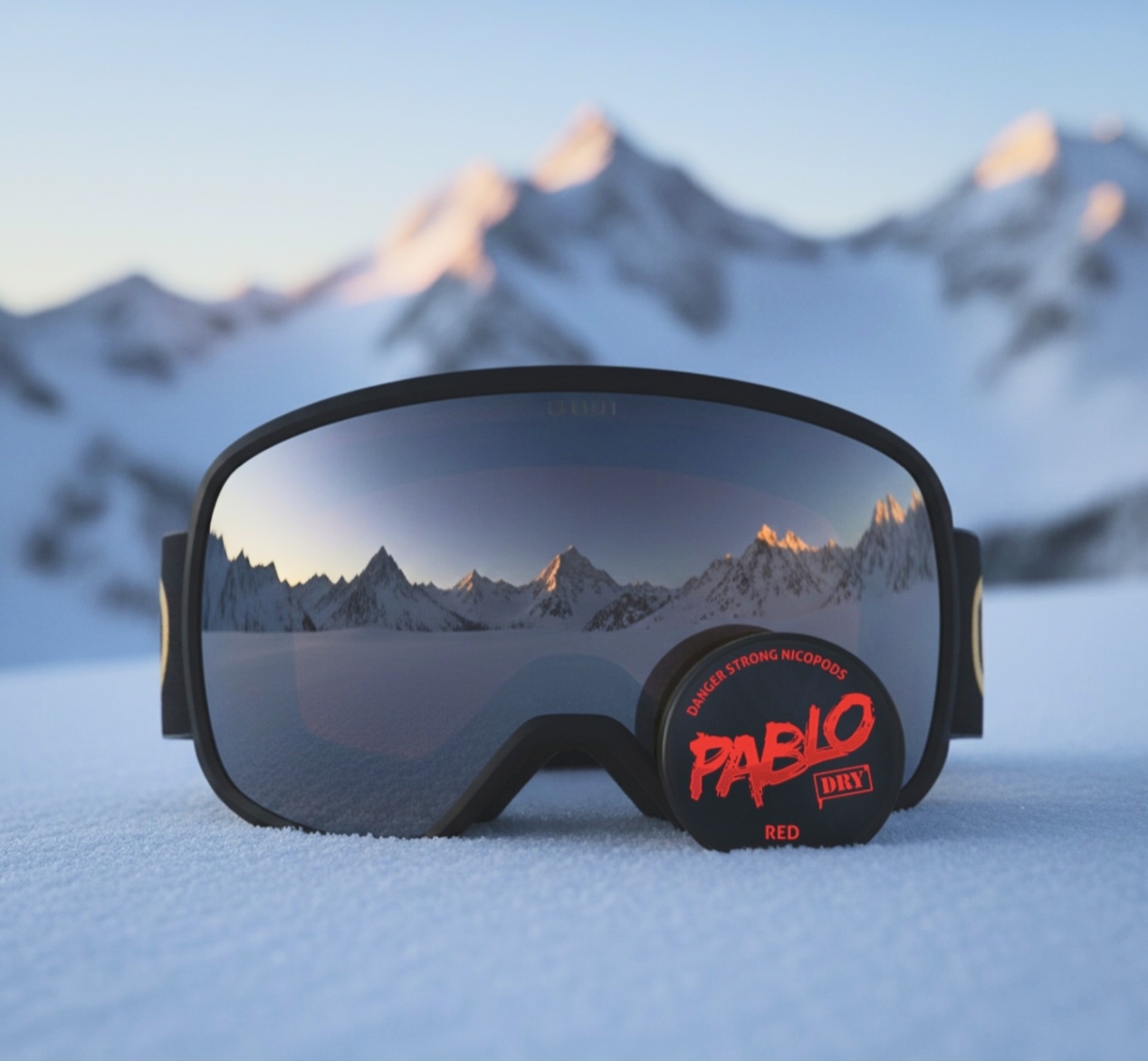 Pablo Dry Red on ski goggles — mountain backdrop